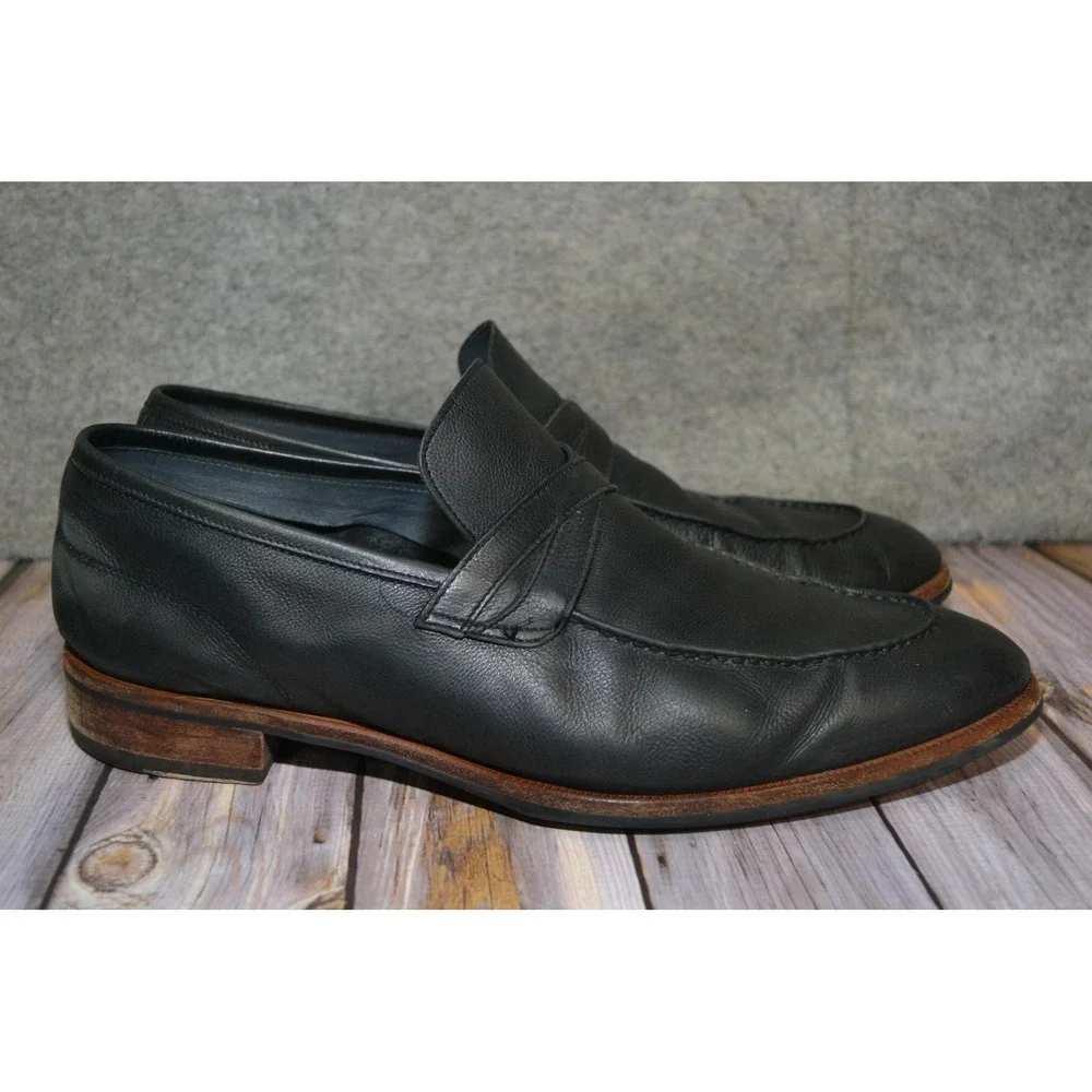 Di Bianco Shoes Mens 10 Black‎ Leather Slip On Dress Rubber Sole Loafers - Italy